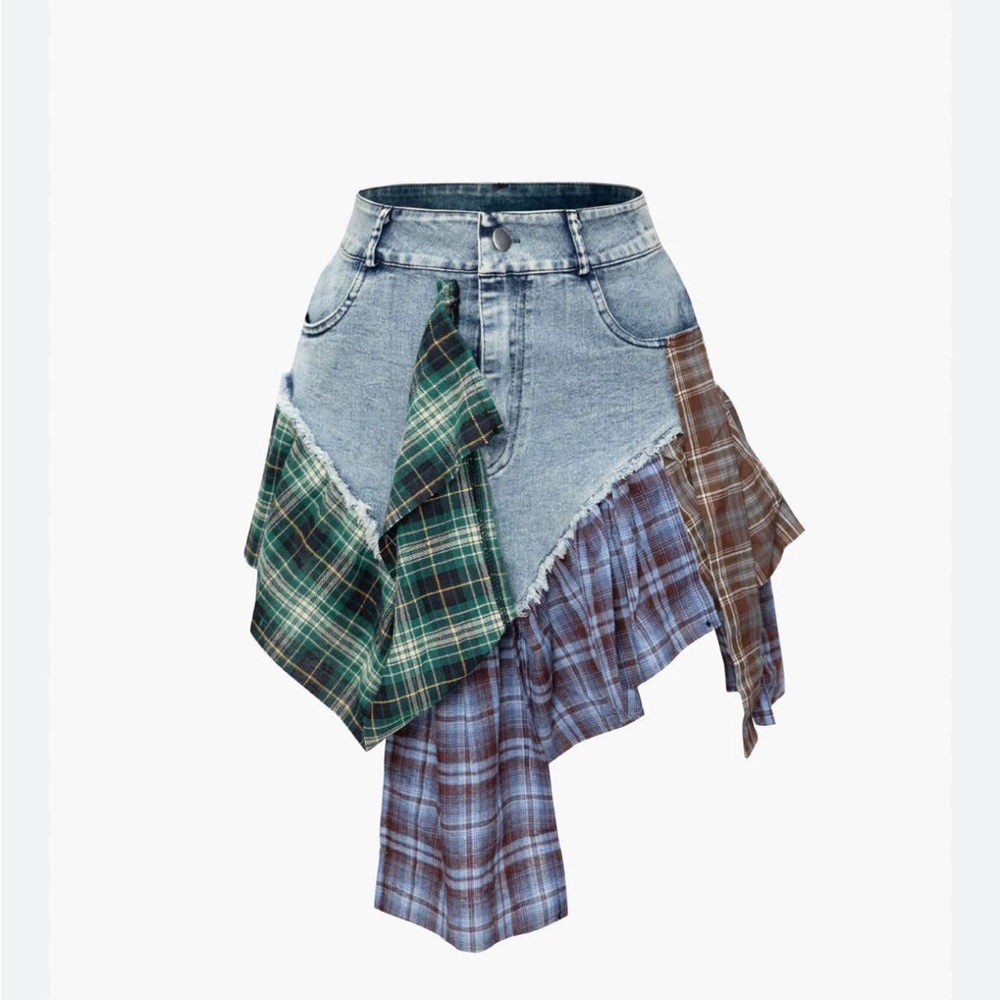 PLAID PATCHWORK DENIM SKIRT